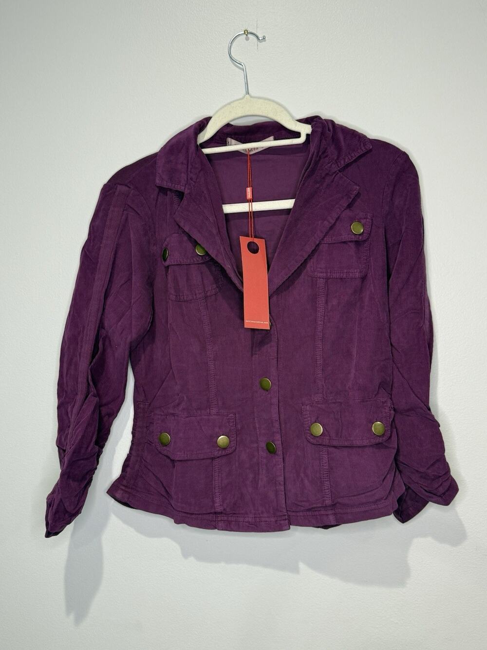 XCVI Wearables Folksy Corduroy Jacket XS Cotton Purple Ruched 3/4 Sleeves NWT
